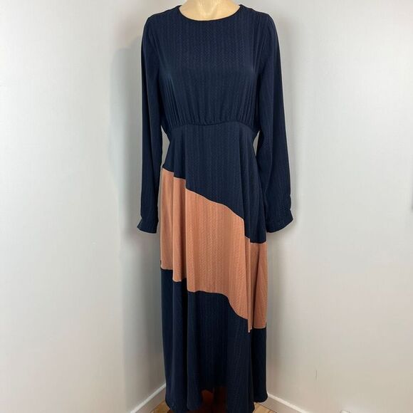 Ghospell Women's Large Colorblock Blue Peach Long Sleeve Maxi Dress Peasant Chic - Picture 15 of 15